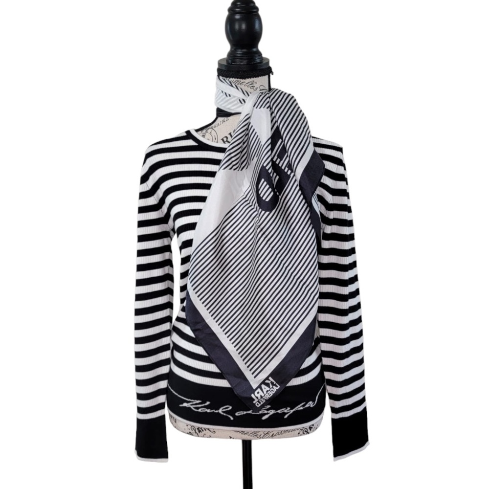 Karl Lagerfeld Black and White Striped Scarf with Silhouettes NWT